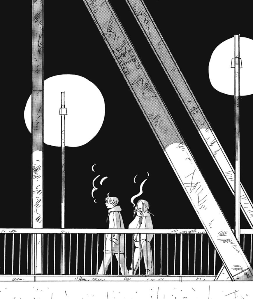 wakakusa and yamada walking along a bridge