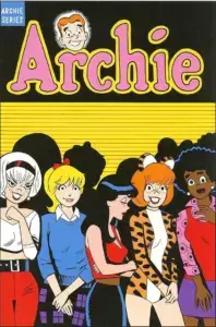 In a parody of the cover of Love and Rockets, Sabrina Spellman, Betty Cooper, Veronica Lodge, Josie McCoy and Valerie Brown pose shoulder-to-shoulder in bright light against a yellow and black striped background. The girls' shadows are cast high and long behind them.