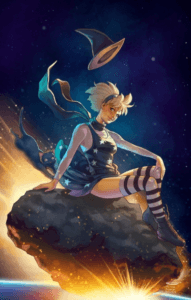 Sabrina spellman, a thin, white blonde teenager, sits upon a flaming meteor which careens through the night sky. She wears a smug expression which she gives to the reader, a black jumper, a white blouse, and white and black striped socks with high black sneakers. Her navy-colored scarf blows in the wind and her witches had has come off during the ride