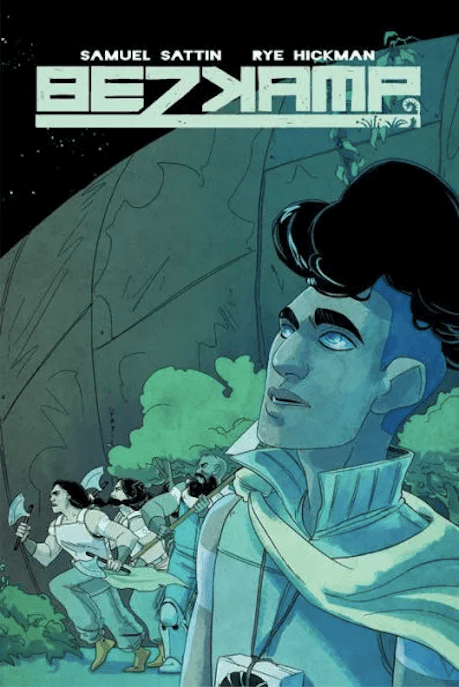 On the Bezkamp cover a person with tall, poofy black hair is visible from the torso up, looking up and away while warriors run behind them.