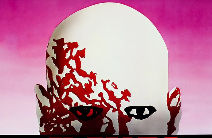 Detail from the poster to the film Dawn of the Dead. Shows a stylised illustration of a zombie's head in close-up.
