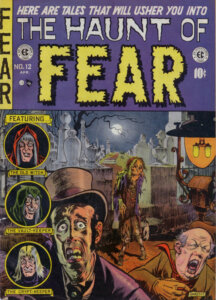 Cover of Haunt of Fear #12 (1952). The illustration shows men in Victorian dress fleeing as a rotting zombie rises from its grave.
