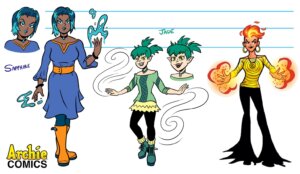 Concept art of Sapphire, a tall Black teenager in a purple dress, Jade, a small greenp-haired teenager, and Amber Nightstone by Vincent Lovallo