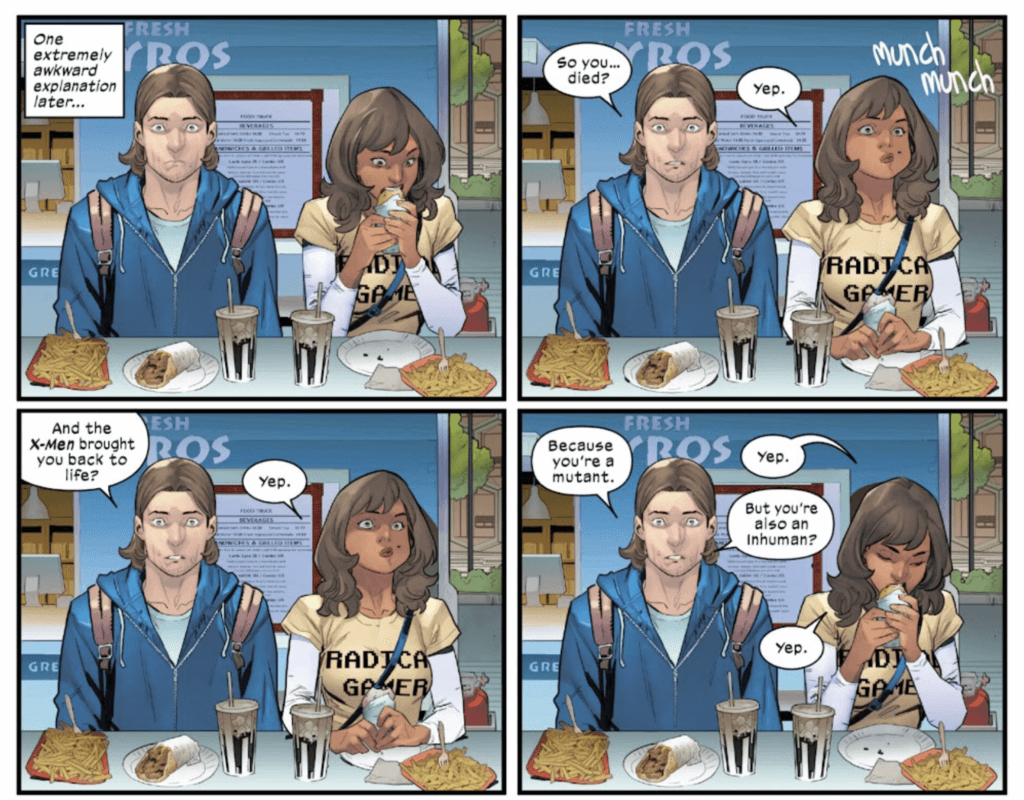 Panels from Ms. Marvel The New Mutant #1 by Iman Vellani, Sabir Pirzada, Carlos Gomez, Erick Arciniega, and Joe Caramagna depicting Kamala Khan and Bruno Carrelli talking