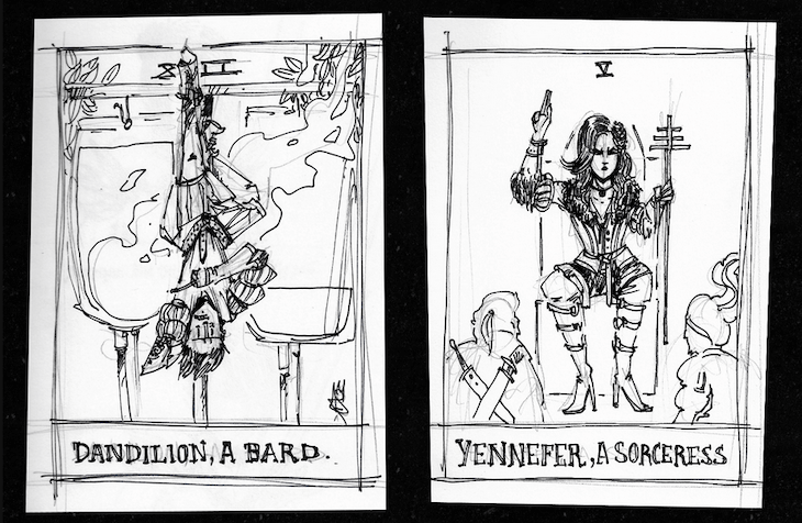 Two tarot style cards, the left featuring Dandilion from The Witcher and the right featuring Yennefer.