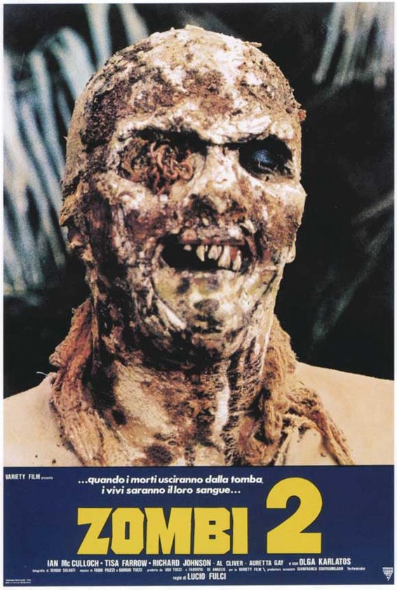 Italian poster for Lucio Fulci's film Zombi 2. Shows a close-up of a rotting zombie.