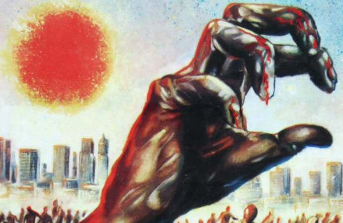 Detail from the poster of Zombie Flesh Eaters, the British release of the 1979 film Zombi 2. Shows a gnarled hand reaching from the earth.