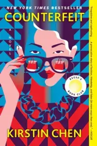 On the cover of Counterfeit by Kristen Chen, a very polished woman pulls down her glasses, in which a structured handbag is reflected.