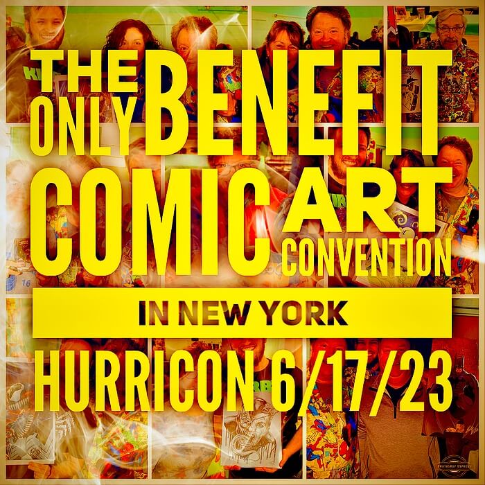 Hurricon's poster artdeclaers it the only benefit comic art convention and includes its date in yellow overlaying photos