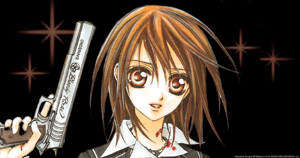 brown-haired shoujo manga girl from Vampire Knight holding a gun.