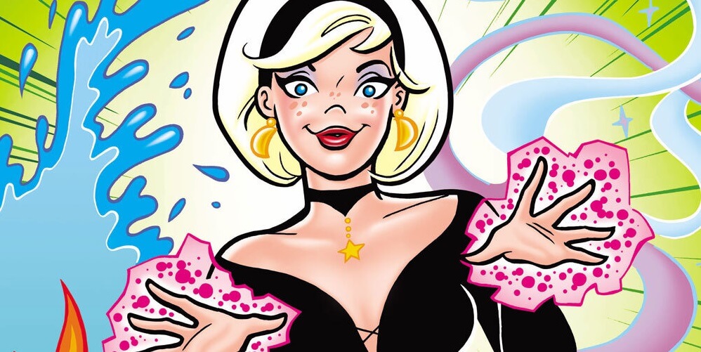 Sabrina Spellman, a white, white-haired thin blonde teenager, faces the reader. Her hair is in a short bob and she wears a black form-fitting dress and headband with a black headband and golden earrings and a black and golden choker. She smiles and a purple aura of magic emerges from her hands. Behind her, flashes of elemental magic occurs, with waves, fire, and growing plants. ,The rest of the background is green.