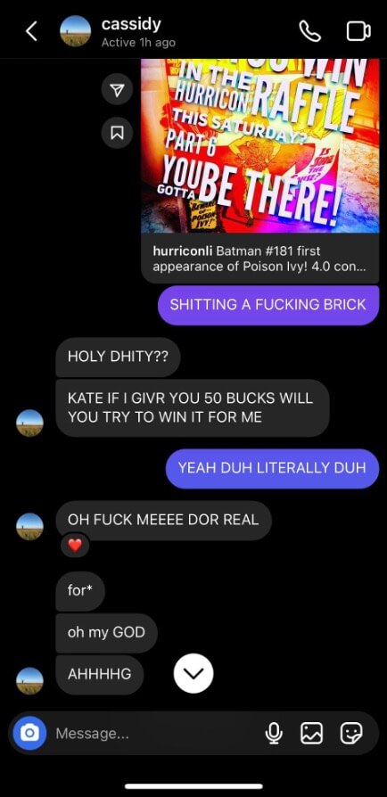 A screenshot from an Instagram Direct Message thread between Kate and Cassidy. Kate sent a post from the HurriCon account with the all-caps caption "shitting a fucking brick." The two users exchange a few more nonsensical messages expressing their excitement.