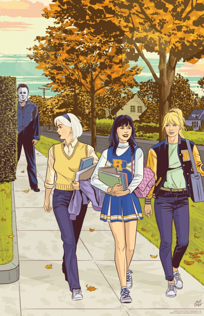 Sabrina Spellman, Veronica Lodge and Betty cooper are walking down an autumnal suburban street. In a parody of a scene from Halloween, Michael Myers is standing behind them half-hidden by a hedge. Only Sabrina notices him.