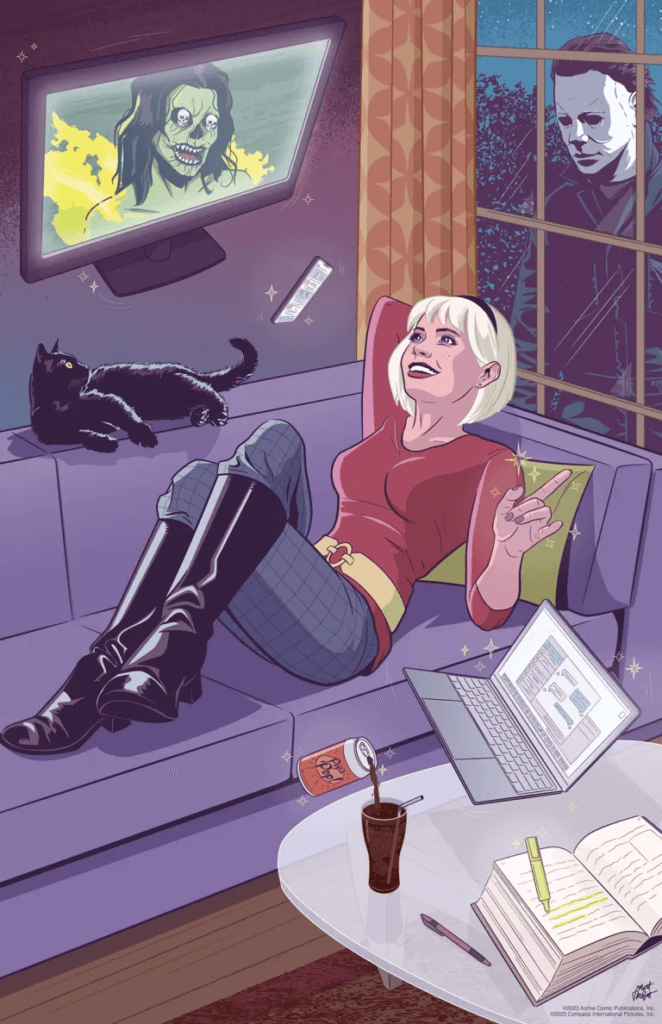 Sabrina Spellman lies on a couch, happily orchestrating magical mayhem with the tips of her fingers. Her familiar, Salem, watches - as does Michael Myers, through a plate glass window.