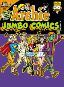 Sabrina, Jughead, Betty, Veronic and Archie dance in a line while wearing halloween costumes.