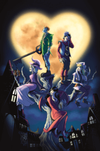 The Archie gang in their costumes, sitting on a large statue in the moonlight.
