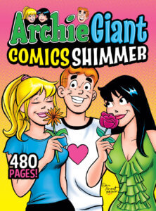 Betty and Veronica sniff flowers (Betty holds a golden blossom while Veronica sniffs rose) while Archie mugs in the background.