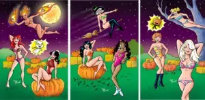 A whole lot of Archie Comics characters in bikinis in a pumpkin patch at night