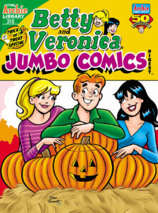 Archie, Betty and Veronica smile in front of a bunch of Jack O' Lanterns
