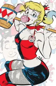 Betty Cooper dressed as Harley Quinn in front of a Jughead Jones-dotted backdrop