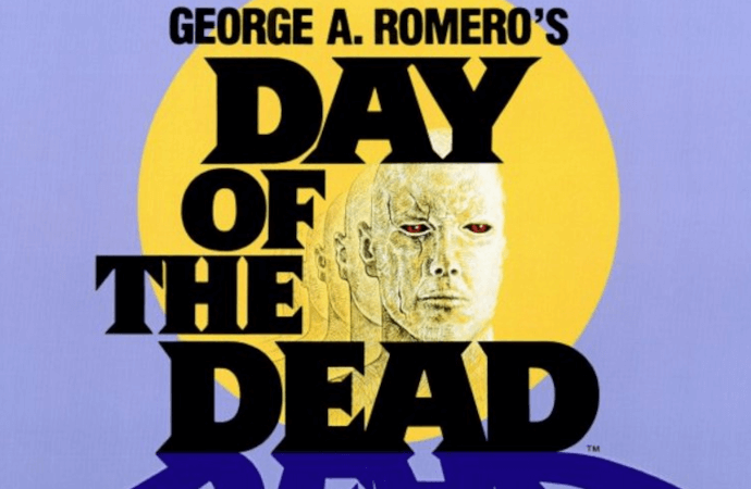 Detail from the poster for the 1985 film Day of the Dead showing a stylised depiction of zombie faces alongside a yellow sun.