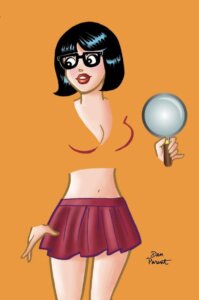 Veronica Lodge dressed up as Velma Dinkley from Scooby-Doo, her blouse disappeared by the orange backdrop.