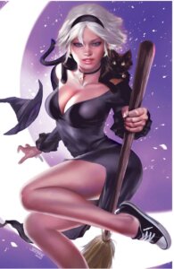 Sabrina Spellman floats through the air in a witch's outfit with Salem draped around her neck