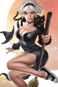 Sabrina Spellman floats through the air in a witch's outfit with Salem draped around her neck