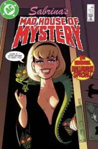 Sabrina Spellman dressed like Elvira Mistress of the Dark and beckoning the reader to come in