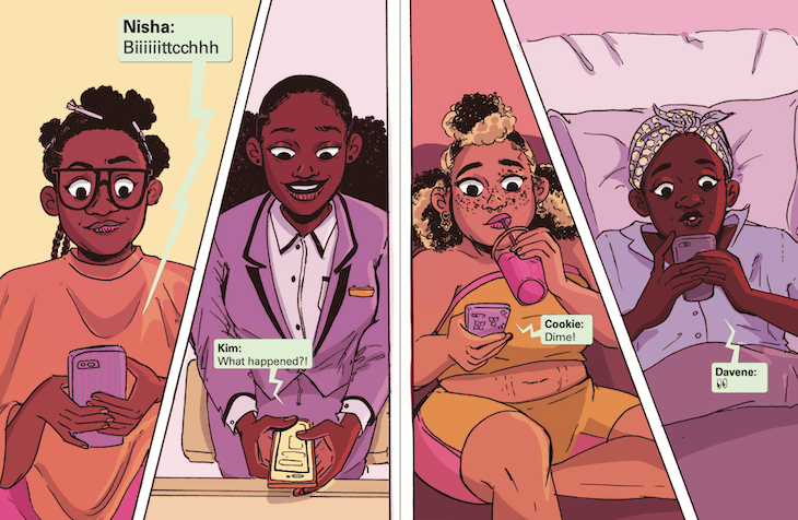 Panels from Wash Day Diaries - 4 friends text each other, asking for details.