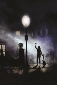 A parody of the poster for the Exorcist has Jinx standing on a foggy, dark street corner illuminated by a street lamp with her guitar.
