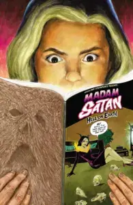 A horrified Sabrina Spellman reading an edition of Madam Satan with Evil Dead's Necronomicon printed on the back.