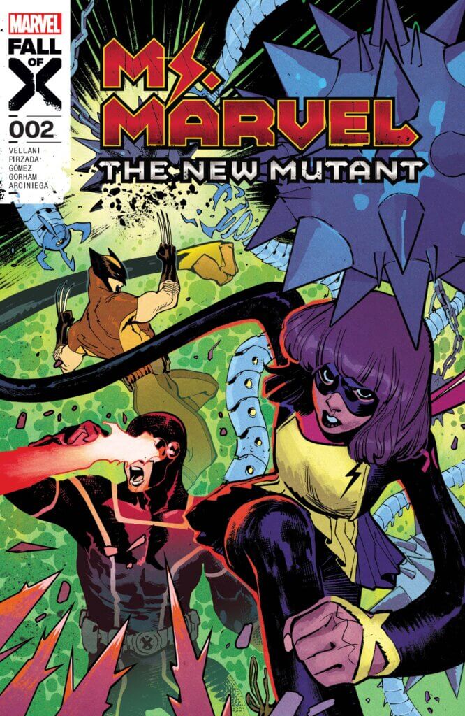 Ms. Marvel The New Mutant 2 cover by Sara Pichelli and Matthew Wilson depicting Ms. Marvel fighting alongside Cyclops and Wolverine
