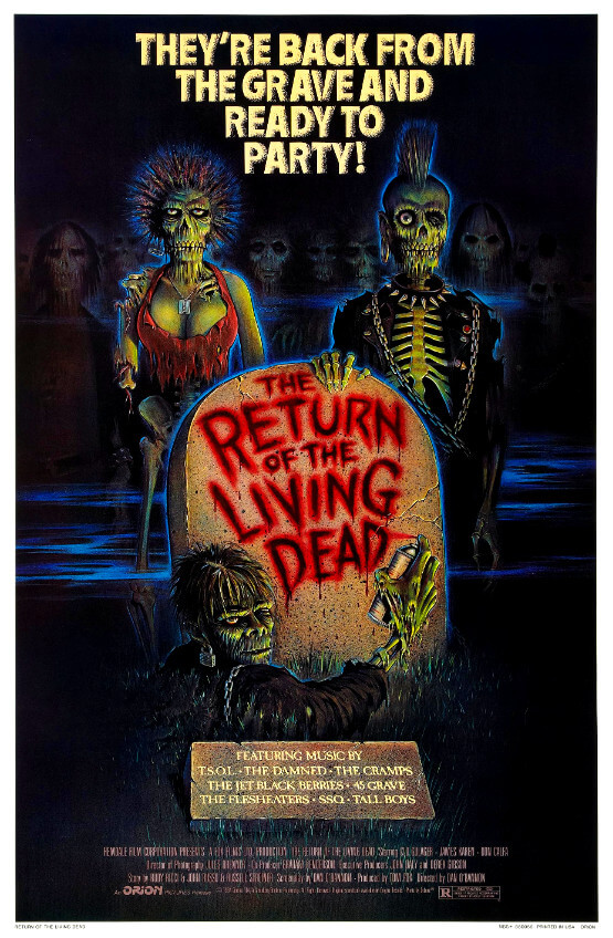 Poster for the film Return of the Living Dead. Shows a cartoonish depiction of zombies wearing punk fashion in a graveyard.