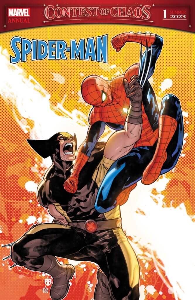Spider-Man and Wolverine in pitched battle before a flaming orange backdrop