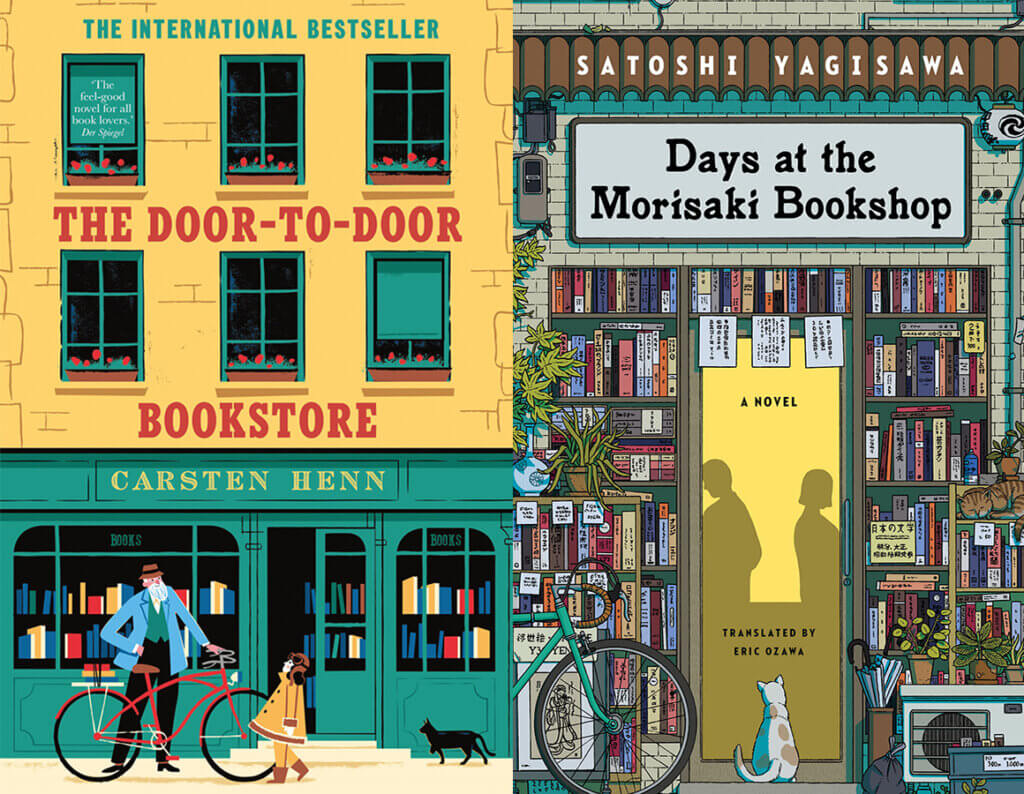 covers of the novels The Door to Door Bookstore and Days at the Morisaki Bookshop side by side