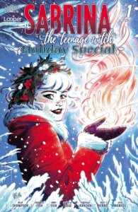 Sabrina the teenage witch stands in a whirl of snow in a santa claus-like outfit. Red steam curls up from her mittened palms as she looks coyly at the viewer