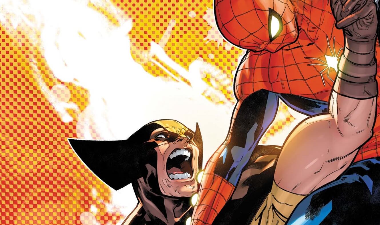 Spider-Man and Wolverine in pitched battle before a flaming orange backdrop