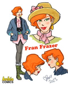 Several drawings of a thin, white redhead with very 1980s style and a camera around her neck