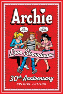 White thin teenagers Betty Cooper and Veronica Lodge each have one of Archie Andrews' arms. They tug and pull on him fiercely while he cries and looks pained. The two women vow to destroy one another.