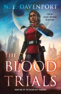 Cover of N. E. Davenport's book The Blood Trials. Image shows a young woman holding a glowing blue knife in front of a background with two moons.