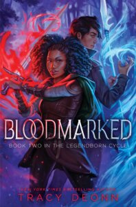 Cover of Tracy Deonn's novel Bloodmarked. Illustration shows two characters with weapons and magical swirls of colour.