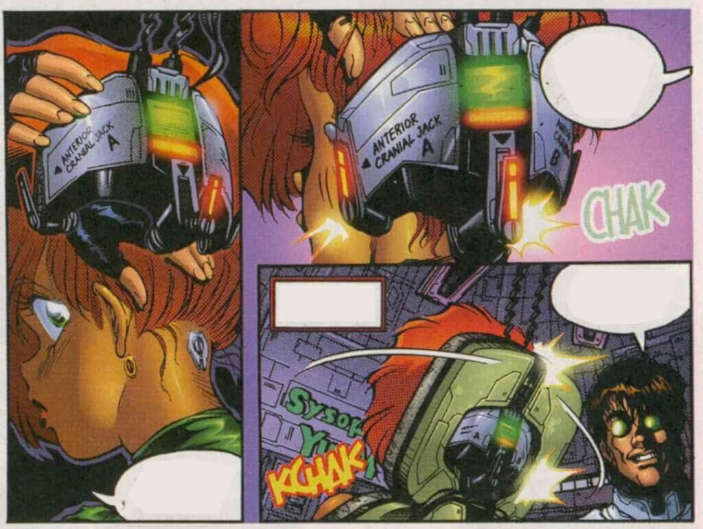 A computer interface being attatched to a hole on the back of Kei's neck