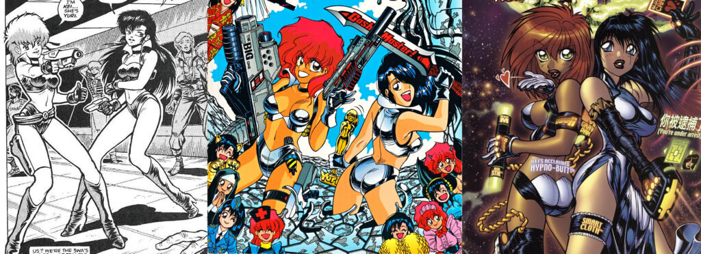 Three images showing how the art style of The Dirty Pair changed over time