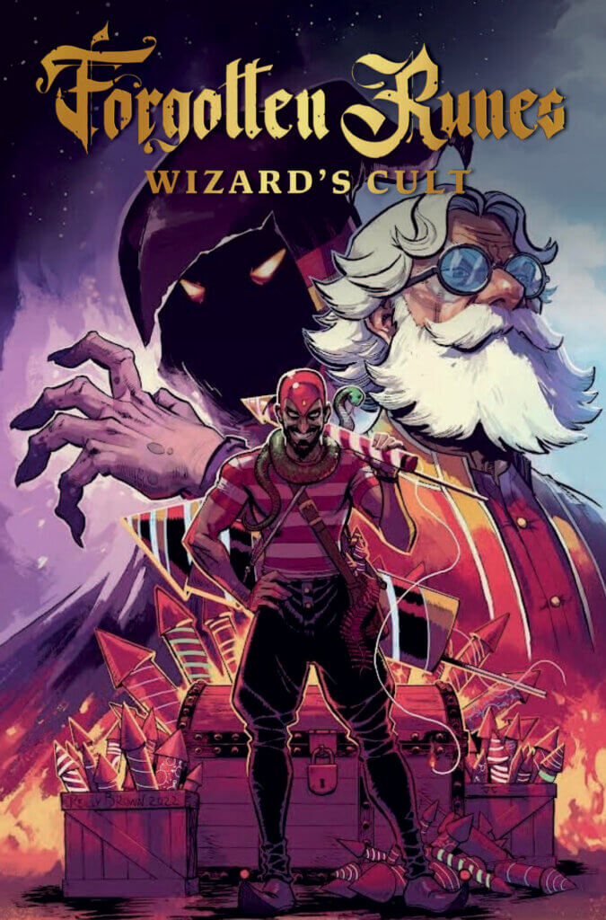 A sneering pirate stands in front of several chests of fireworks, while the heads of a hooded creature with glowing yellow eyes and an older man with glasses, white hair, and a white beard hover above him