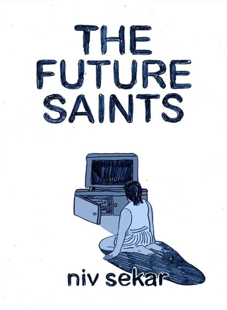 A girl sits in front of a computer screen looking at it under the text "The Future Saints"