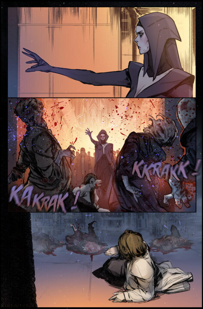 A woman holds out her hand and through her power, incapacitates several men, while a young woman watches from the floor while shielding herself.