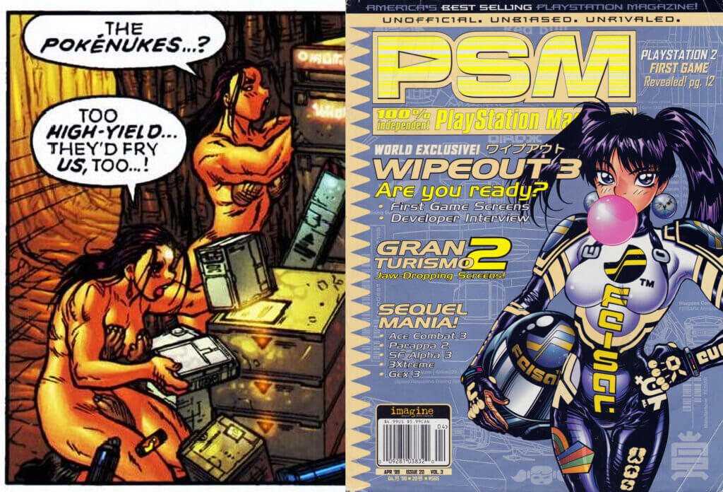 Two women searching for a weapon and a WipeOut themed magazine cover