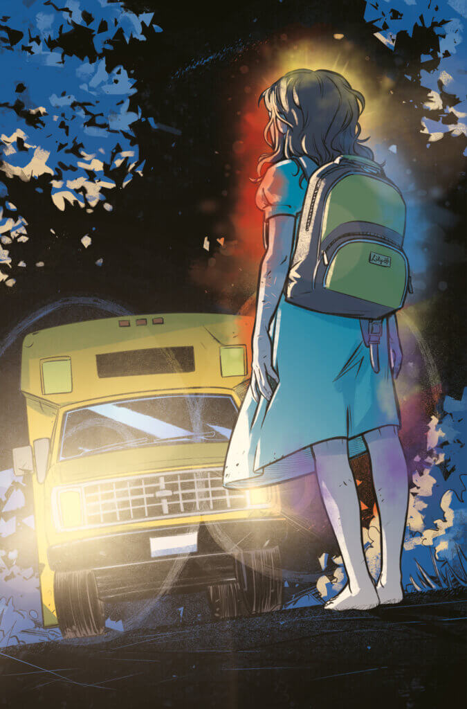In the night, a small tour bus comes across a young White woman, with a backpack, who appears to be glowing.