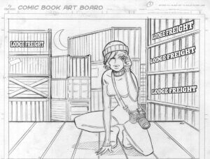 A young woman squats incognito in a warehouse, talking on a cellphone